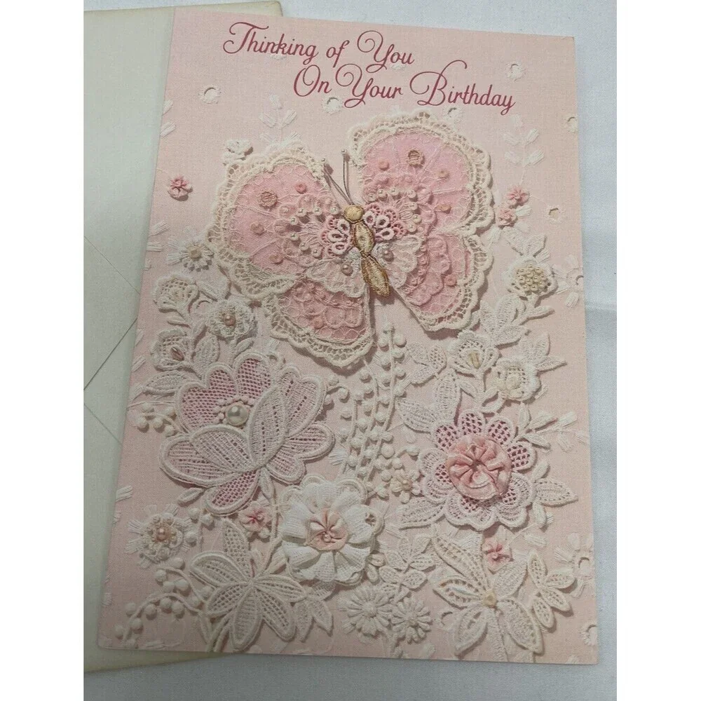 VINTAGE HALLMARK PINK BUTTERFLY LACE GREETING CARD UNUSED BIRTHDAY RARE